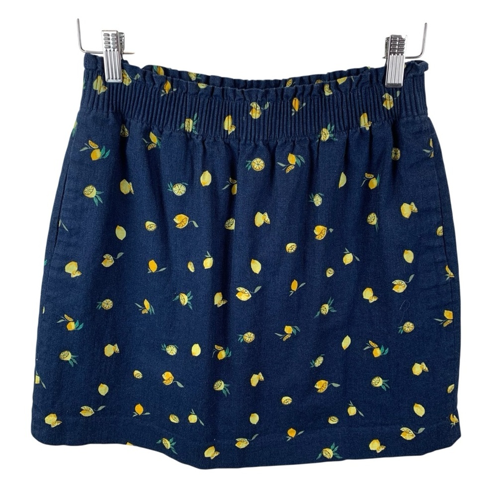 J. Crew Factory sz 6 Lemon-Print Linen-Cotton Scalloped Mini Skirt Navy Yellow